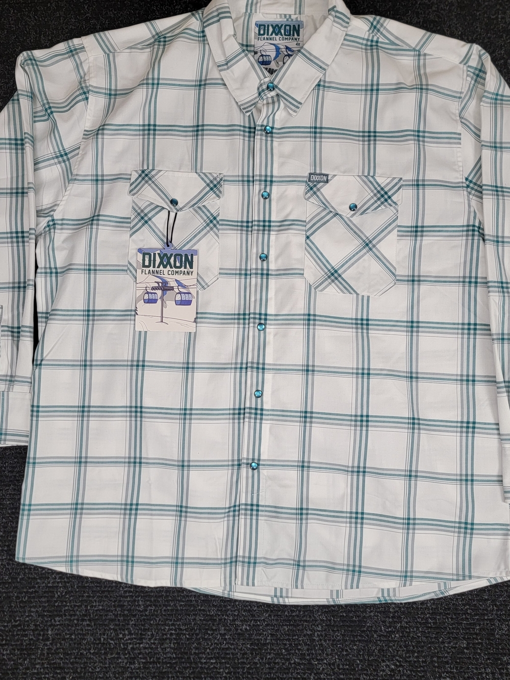 Dixxon Flannel Co "Whistler" Button Up Shirt 4X NWT White Teal Plaid D-Tech